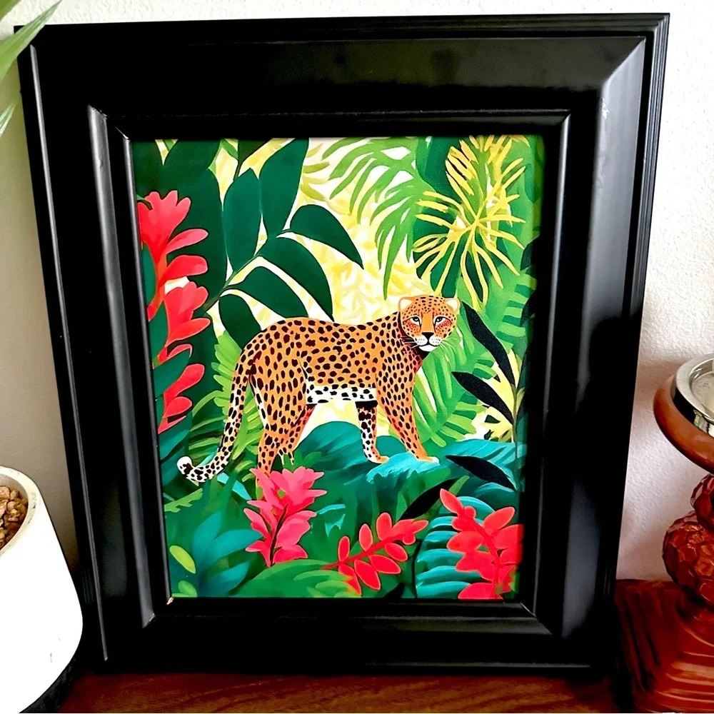 Jungle Cat Leopard Tropical Floral Leaves Canvas Art Print Black Framed Wall Art